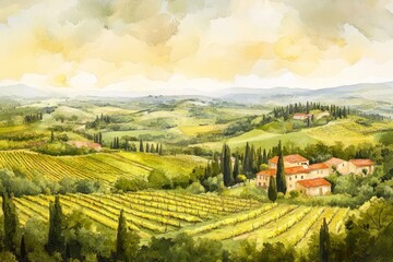Tuscan Vineyard Scene with Rolling Hills and Houses Watercolor Landscape Painting