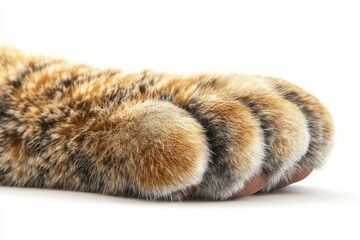 A detailed view of a domestic cat paw on a white background