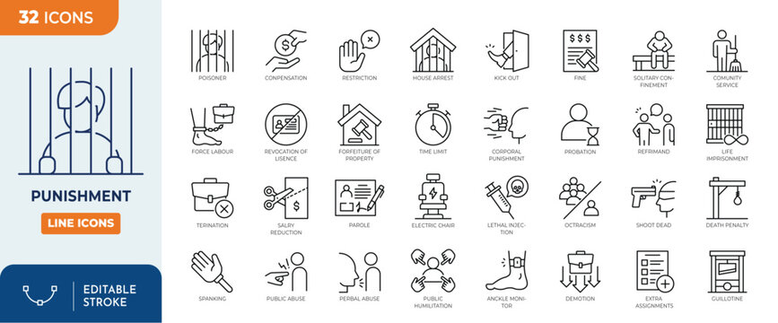 Punishment icon set. Vector illustration. Editable stroke