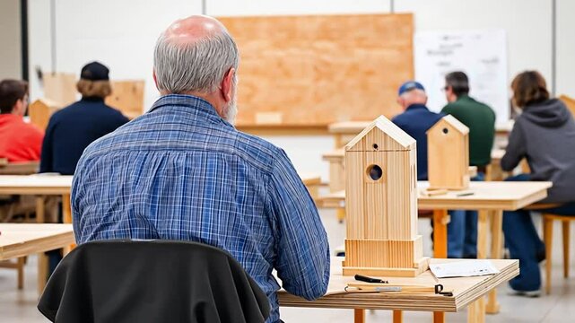 A group of senior men gathers in a woodworking class, crafting birdhouses from fresh lumber. Concept of camaraderie, hands-on learning, and hobby fulfillment.