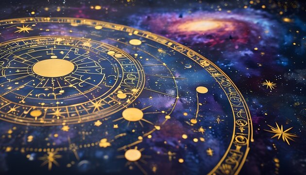 A detailed celestial chart features the sun at the center surrounded by golden zodiac symbols and planets. The design is set against a captivating cosmic background filled with stars and galaxies.