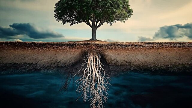 A tall tree rises against a soft sky, with its deep root system visible underground. Concept of foundation, growth, and the balance between seen and unseen.