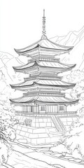 Naklejka premium Five Story Pagoda Building With Steps And Mountain View Artistic Black And White Line Drawing