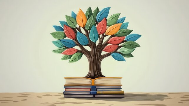 A tree with books as leaves symbolizing growth through knowledge flat design front view educational theme cartoon drawing Split-complementary color scheme