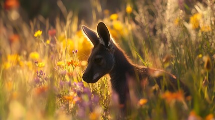 Close-up of a fox in a vibrant wildflower field during golden hour showcasing rich colors and soft sunlight filtering through natural surroundings