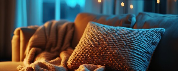 Cozy living room scene with textured pillow on sofa at dusk with warm lighting