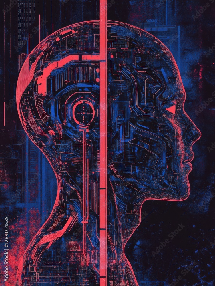 Fototapete human head outline merging organic and mechanical elements with intricate cybernetic textures in a f