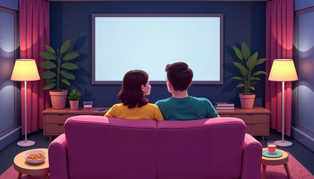 Couple cuddling on couch during movie night at home, cozy ambiance