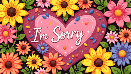 Vibrant heart-shaped flower arrangement in garden, apology expression