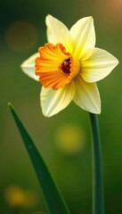 Fototapeta premium Ladybug exploring the bright orange and white daffodil, , bloom