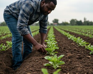 close up A african descent farmer carefully inspects the soil of a lush field, ensuring growth of healthy crops. concepts of agriculture, sustainability, and dedication in modern farming practices