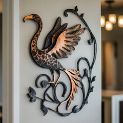 Metal Bird Sculpture on Gray Wall with Wrought Iron Design Detail Artwork Wall Art