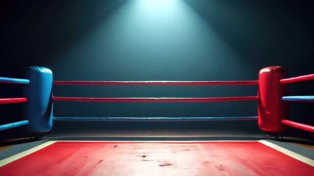 Boxing ring standing under bright spotlights in a dimly lit arena, concept of sports and competition