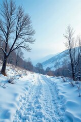 Obraz premium Icy landscape with bare trees and snowy hills, barren, desolate