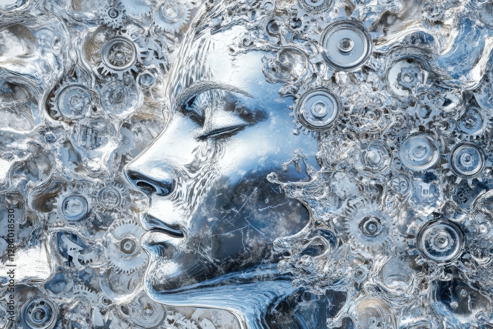 Aufkleber contoured human head filled with gears symbolizing the concept of artificial intelligence in a futur