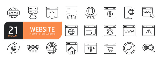 Set of line icons related website and more. Outline icons collection. Editable stroke. Vector illustration.