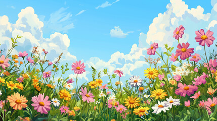 Colorful wildflowers in full bloom on a blue sky background with copy space, in a banner format. Colorful wild flowers like daisies, corn marigolds, coneflowers, geraniums, cosmos, and zinnias 