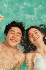 young attractive and happy couple enjoying in pool water during summer holidays ai generated