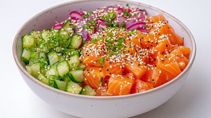 Savoring fresh salmon poke bowl culinary delight kitchen vibrant ingredients top-down view healthy eating