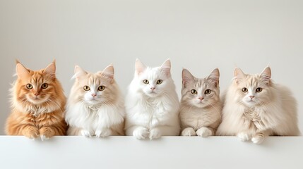 Five Charming Cats Sitting in a Row Against a Neutral Background