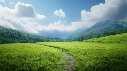 Fototapeta premium Serene Path Through Lush Green Valley Under Cloudy Blue Sky