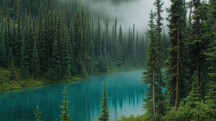 Obraz premium Serene lake surrounded by dense evergreen forest shrouded in mist during early morning hours