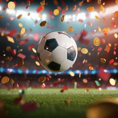 Fototapeta premium Exciting Soccer Game Atmosphere with Coins and Confetti in Air