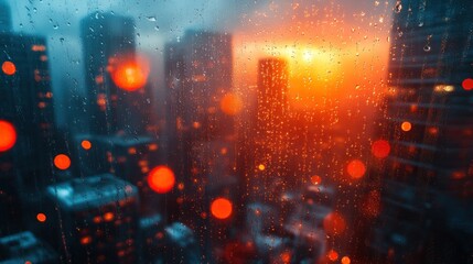 Naklejka premium Rainy city sunset viewed through a rain-streaked window.