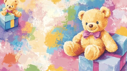 Cute teddy bears on a colorful background. Looks like a wrapping paper or fabric for kids. 