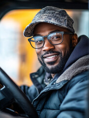Smiling man in winter coat driving a vehicle