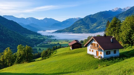 Misty sunrise over mountains cozy village in serene valley
