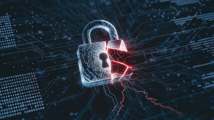 cybersecurity network forensics concept. Digital padlock with data streams depicting cybersecurity concepts.