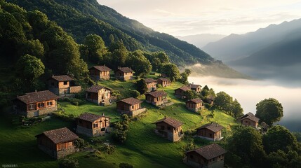 Misty sunrise over mountains cozy village in a valley