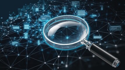 cybersecurity network forensics concept. Digital magnifying glass over a network of blue data connections.