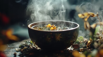 Warm cup of herbal tea surrounded by fresh flowers in a cozy setting during sunset