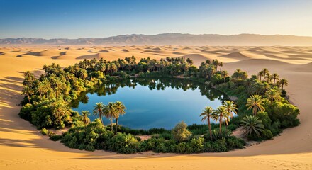 A serene desert oasis surrounded by tall palm trees, with crystal-clear water reflecting the blue sky