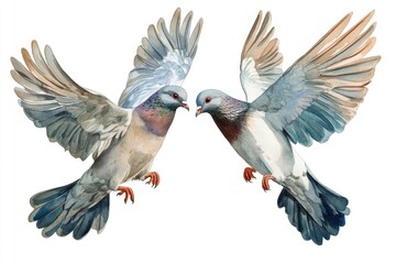 Obraz premium Two watercolor paintings of birds with outstretched wings flying together