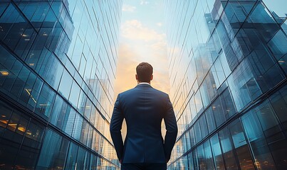Fototapeta premium Back of businessman in suit with business office glass modern buildings background for financial freedom portfolio or company profit and strategy growth IPO poster,