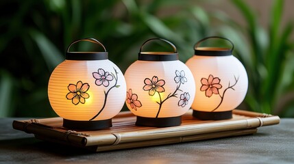 Cherry Blossom Japan Homemade Decor Concept, Hand-Painted Cherry Blossom Lanterns on Bamboo Tray with Soft Glow in a Natural Setting