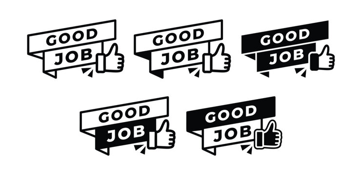 good job banner label with thumbs up icon vector design black white color illustration collections sets