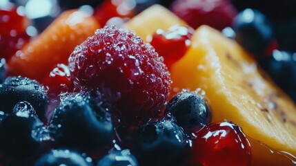 Colorful fruit assortment with sparkling bubbles captured in a close-up setting during daylight hours
