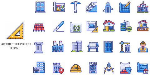 Architecture project simple concept 28 colour icons set. Contains such building, architecture, house, design .Vector illustration.