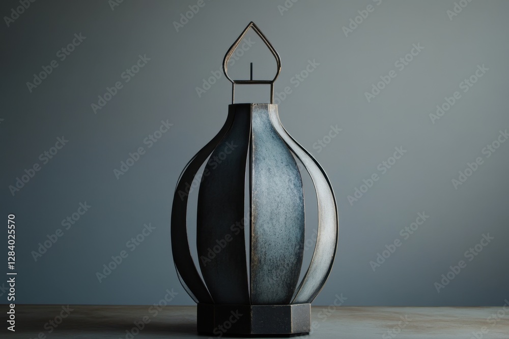 Wall mural A dark metal lantern stands on a wooden surface indoors