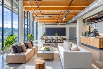 Fototapeta premium Modern office lounge, city view, meeting area, sunlight