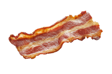 Crispy delicious pork bacon slice close up isolated on transparent PNG background.