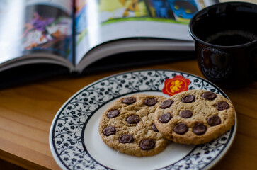 chocolate chip cookies and cup of tea