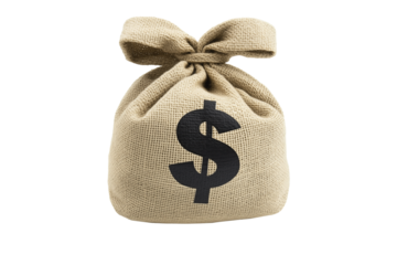 Cloth bag sack full of money with US dollar symbol icon isolated on transparent PNG background.