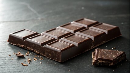 Dark chocolate squares on a moody dark background.