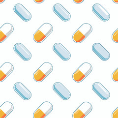 Seamless pattern of medicine capsules and pills on a light background.