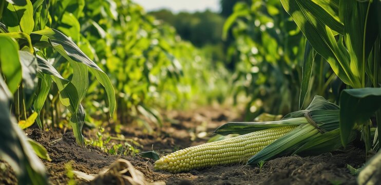 Cornfield with a fallen cob among tall green plants in sunlight